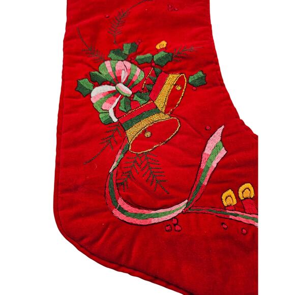 Embroidery Stitched Red Velvet Christmas Stocking Bells And Ribbons - Picture 2 of 3